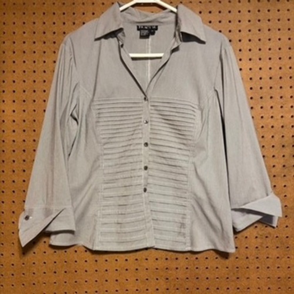 VTG Y2K Button Front Shirt‎ Large Gray Striped Pintuck Pleated 3/4 Sleeve Blouse